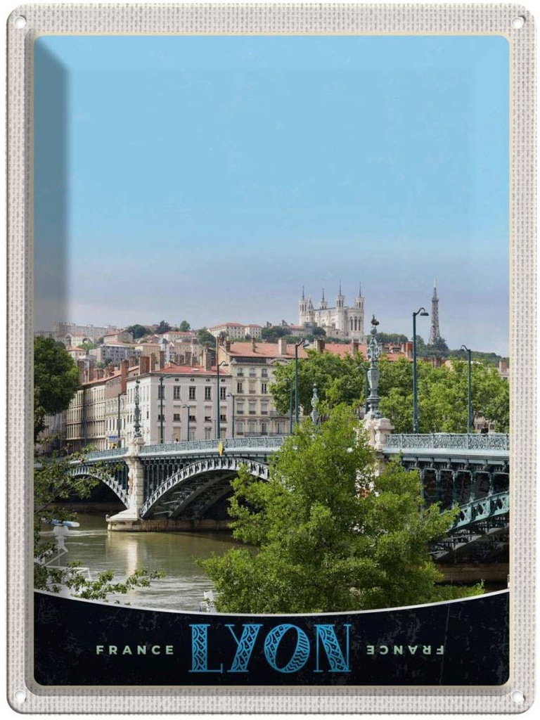 Blechschild 40x30 cm Lyon Brücke Urlaub Frankreich Fluss Schloss Bildmotiv Reisemotiv Abenteuer Reisen Europa