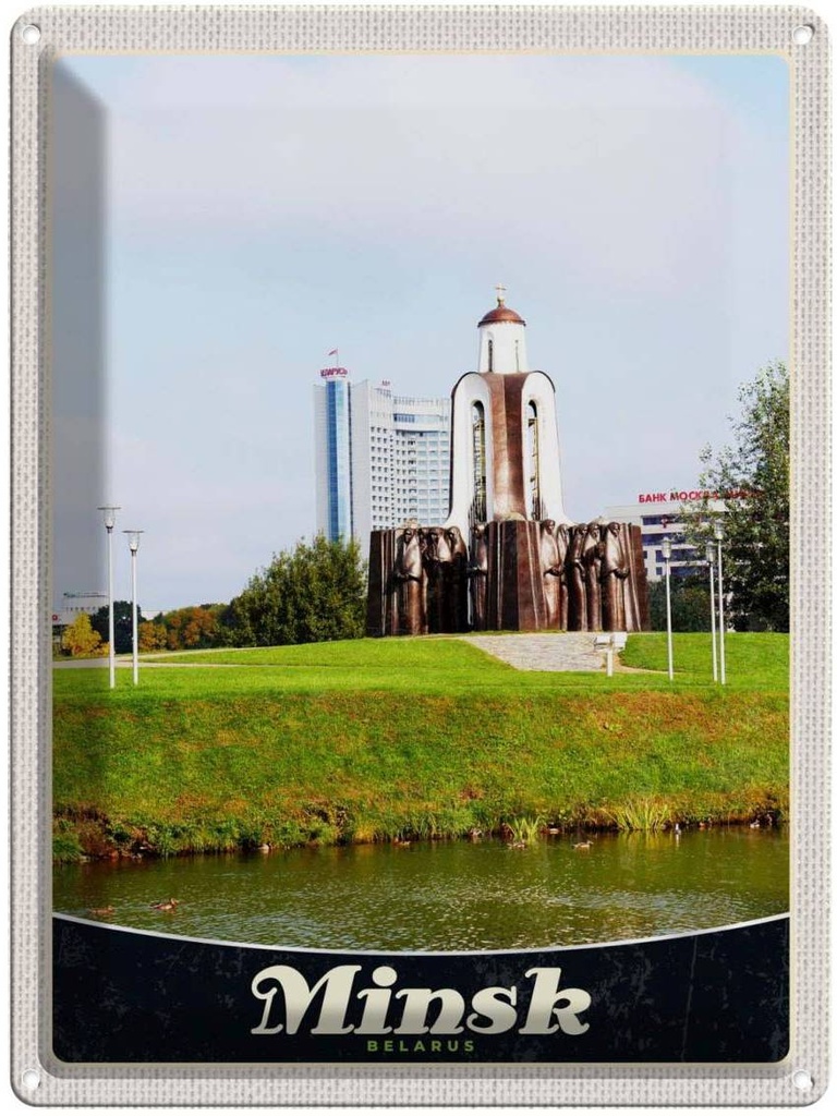 Blechschild 40x30 cm Minsk Belarus Urlaub Fluss Skulptur Bildmotiv Reisemotiv Abenteuer Reisen Straße Stadt