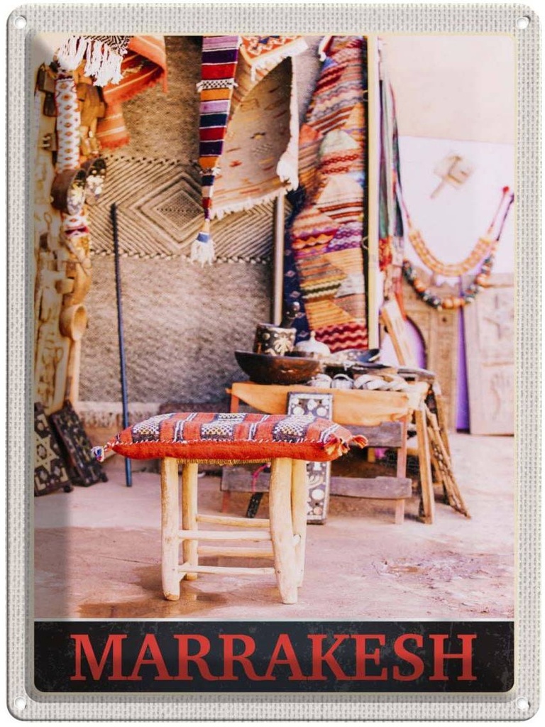 Blechschild 40x30 cm Marrakesch Marokko Kultur Bildmotiv Reisemotiv Abenteuer Reisen Straße Stadt Urlaub
