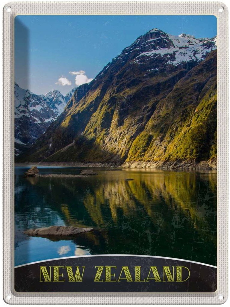 Blechschild 40x30 cm Neuseeland Meer Gebirge Natur Bildmotiv Reisemotiv Abenteuer Reisen Urlaub