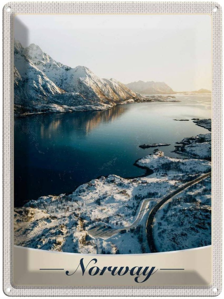 Blechschild 40x30 cm Norwegen Winterzeit Schnee Meer Bildmotiv Reisemotiv Abenteuer Reisen Europa Urlaub