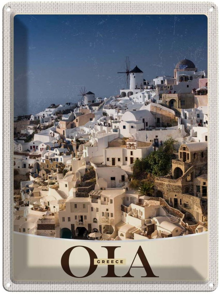 Blechschild 40x30 cm Oia Greece Urlaub Insel Griechenland Bildmotiv Reisemotiv Abenteuer Reisen Straße Stadt