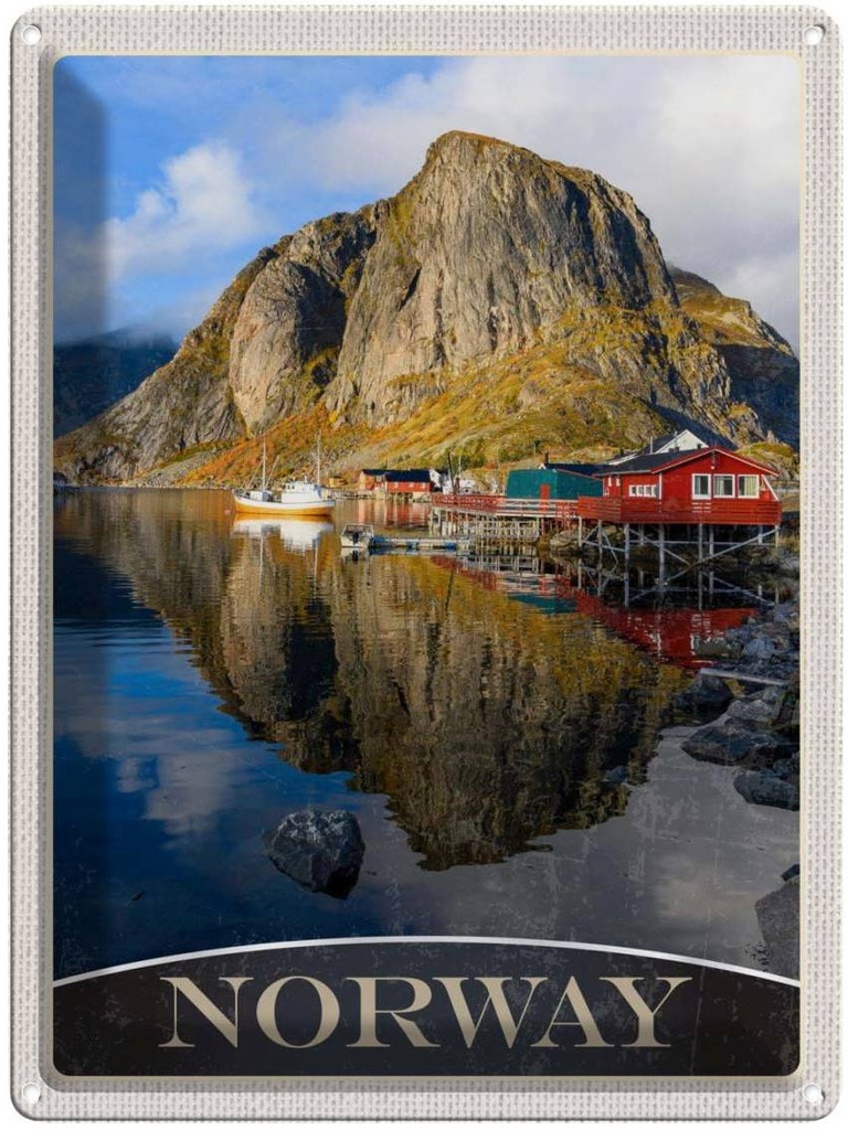 Blechschild 40x30 cm Norwegen Europa Urlaub See Häuser Boote Trip Bildmotiv Reisemotiv Abenteuer Reisen