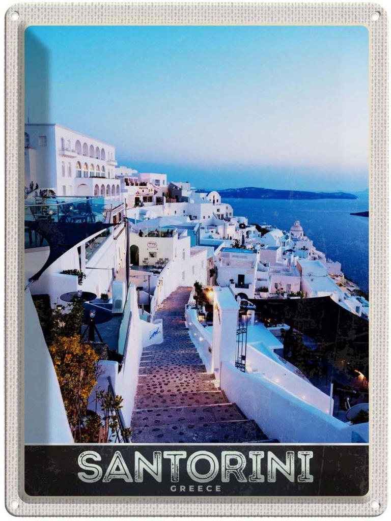 Blechschild 40x30 cm Santorini Insel Urlaub weiße Häuser Bildmotiv Reisemotiv Abenteuer Reisen Straße Stadt