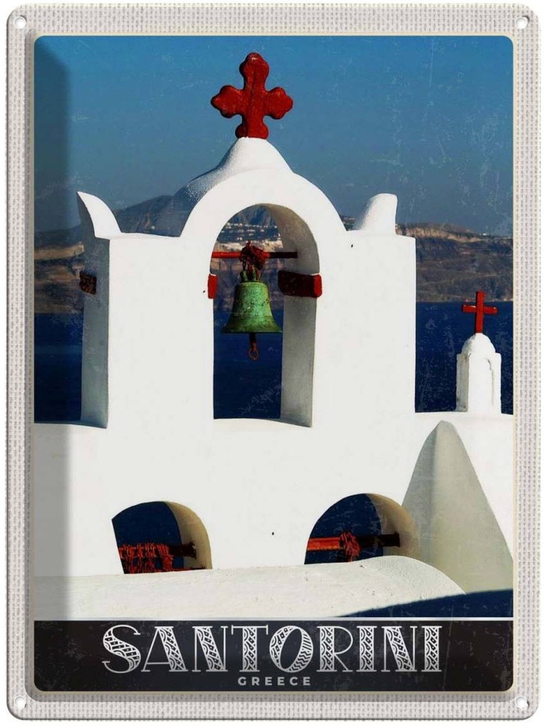 Blechschild 40x30 cm Santorini Innsel Urlaub Meer Kreuz Kirche Bildmotiv Reisemotiv Abenteuer Reisen Europa