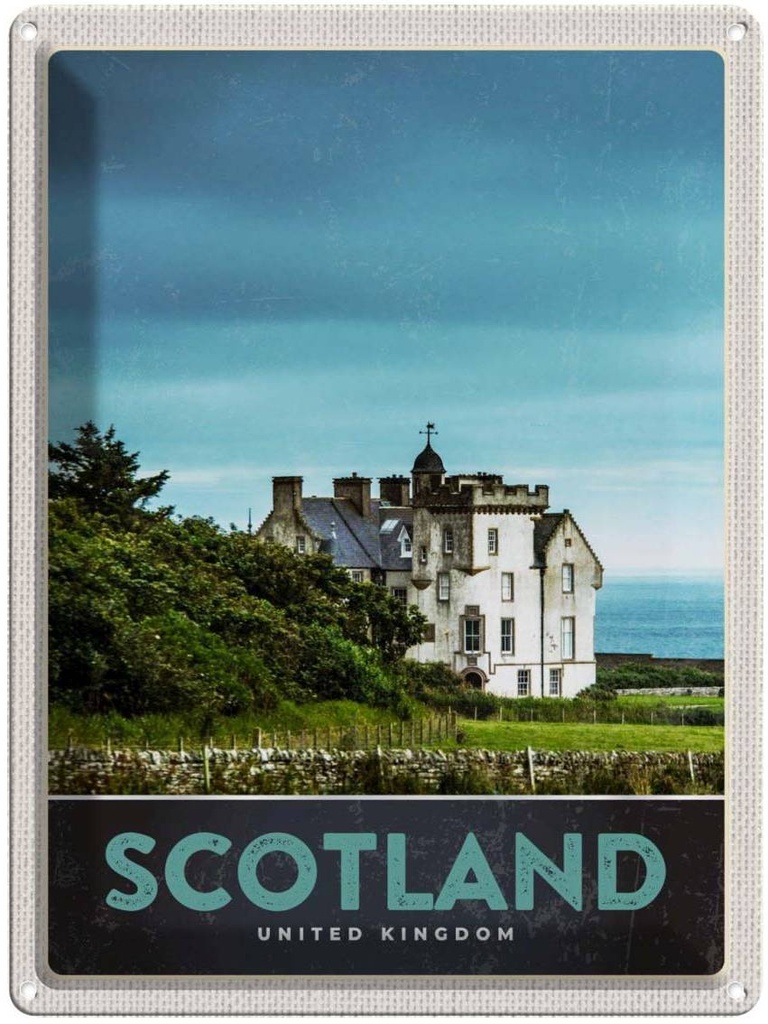 Blechschild 40x30 cm Schottland Europa Urlaub Natur Wiese Haus Bildmotiv Reisemotiv Abenteuer Reisen