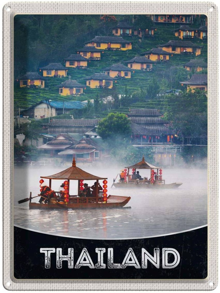 Blechschild 40x30 cm Thailand Asien Urlaub Fluss Natur Häuser Boot Bildmotiv Reisemotiv Abenteuer Reisen
