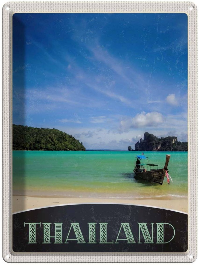 Blechschild 40x30 cm Thailand Meer Boot Gebirge Himmel Bildmotiv Reisemotiv Abenteuer Reisen Urlaub