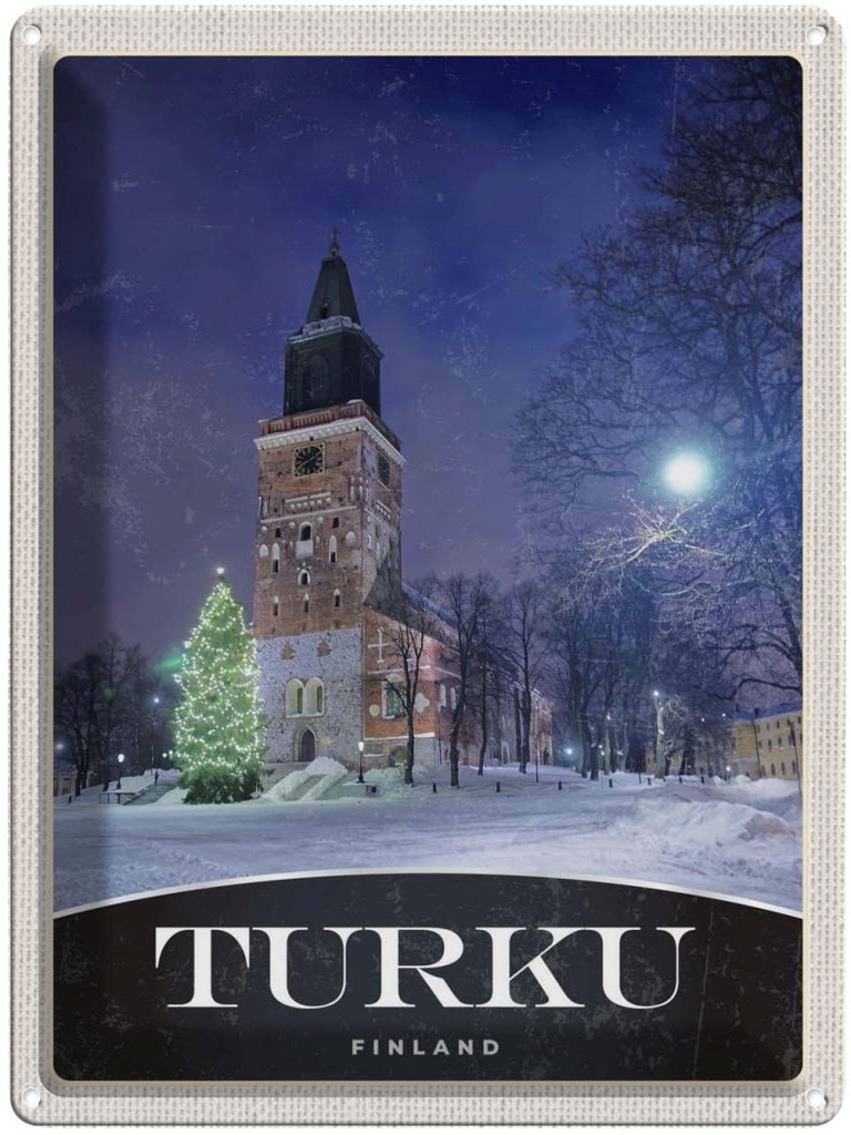 Blechschild 40x30 cm Turku Finnland Urlaub Kirche Schnee Winter Bildmotiv Reisemotiv Abenteuer Reisen Europa