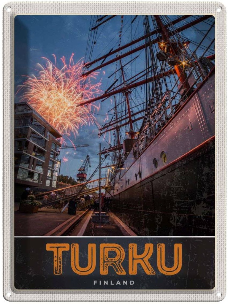 Blechschild 40x30 cm Turku Finnland Schiff Feuerwerk Bildmotiv Reisemotiv Abenteuer Reisen Europa Urlaub