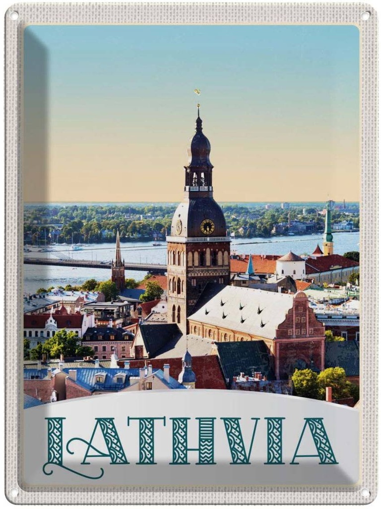 Blechschild 40x30 cm Lathvia Ausblick Urlaub auf Stadt Brücke Bildmotiv Reisemotiv Abenteuer Reisen Europa