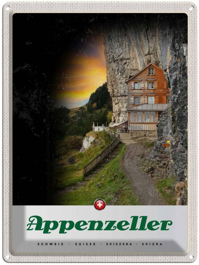 Blechschild 40x30 cm Appenzeller Gebirge Gebäude Schweiz Bildmotiv Reisemotiv Abenteuer Reisen Urlaub