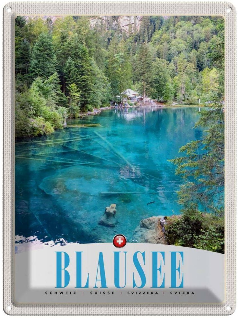 Blechschild 40x30 cm Blausee Schweiz Natur Wald Gebirge Bildmotiv Reisemotiv Abenteuer Reisen Urlaub