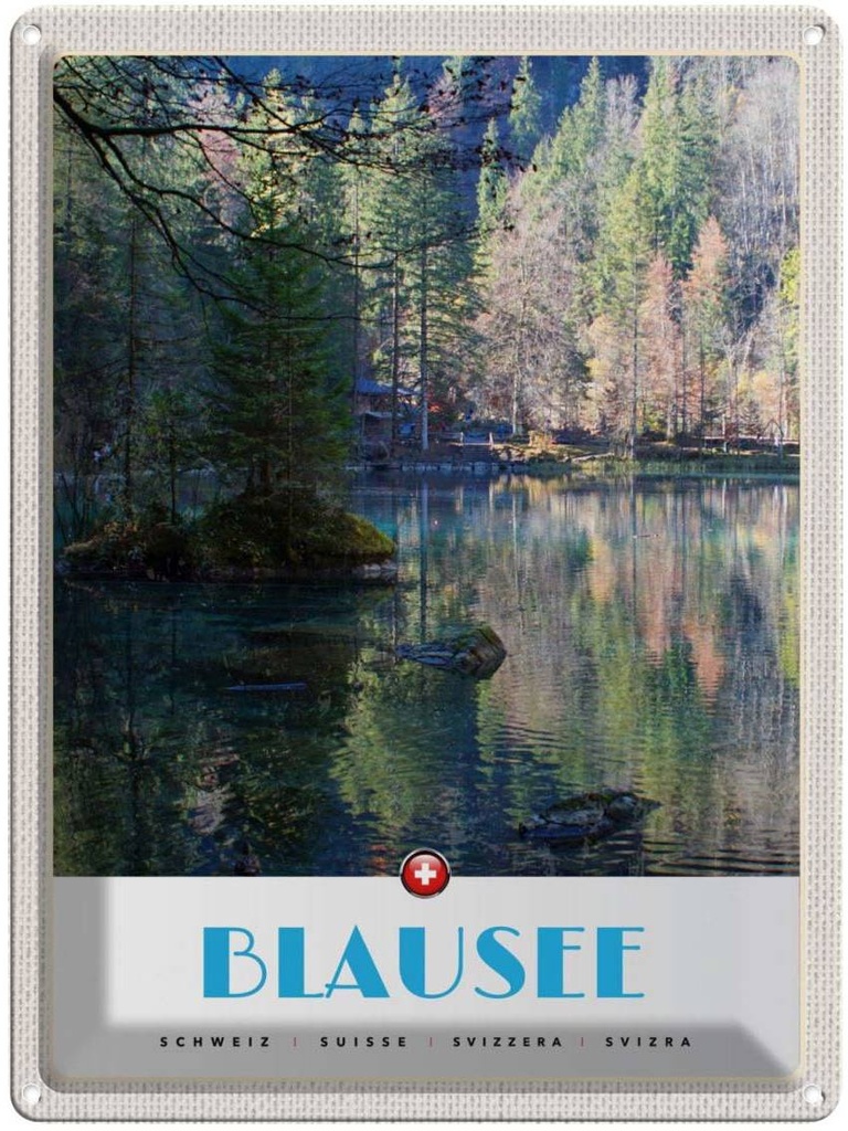 Blechschild 40x30 cm Blausee Schweiz Natur Wald Bildmotiv Reisemotiv Abenteuer Reisen Urlaub