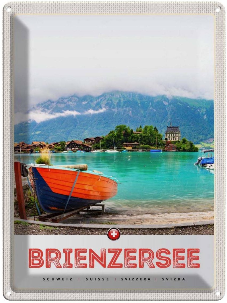Blechschild 40x30 cm Brienzersee Schweiz Boot Gebäude Bildmotiv Reisemotiv Abenteuer Reisen Europa Urlaub