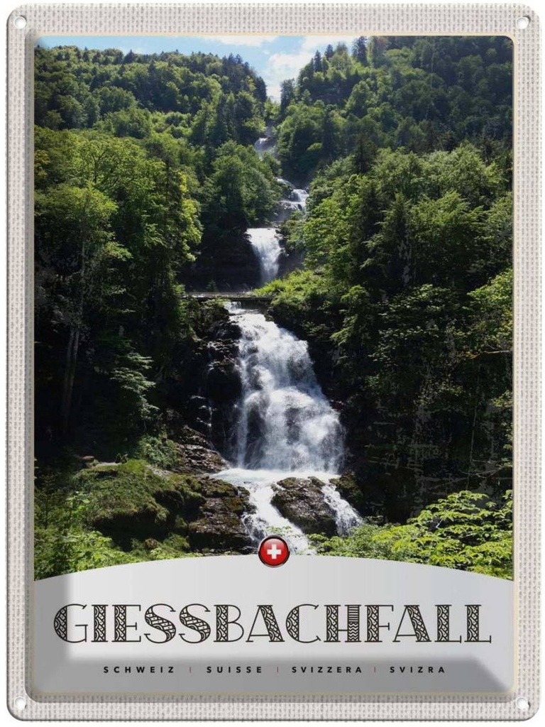 Blechschild 40x30 cm Giessbachfall Wasserfall Gebirge Natur Bildmotiv Reisemotiv Abenteuer Reisen Europa Urlaub