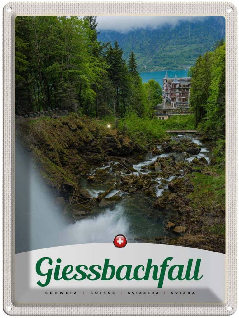 Blechschild 40x30 cm Giessbachfall Wald Wasserfall Natur Bildmotiv Reisemotiv Abenteuer Reisen Europa Urlaub