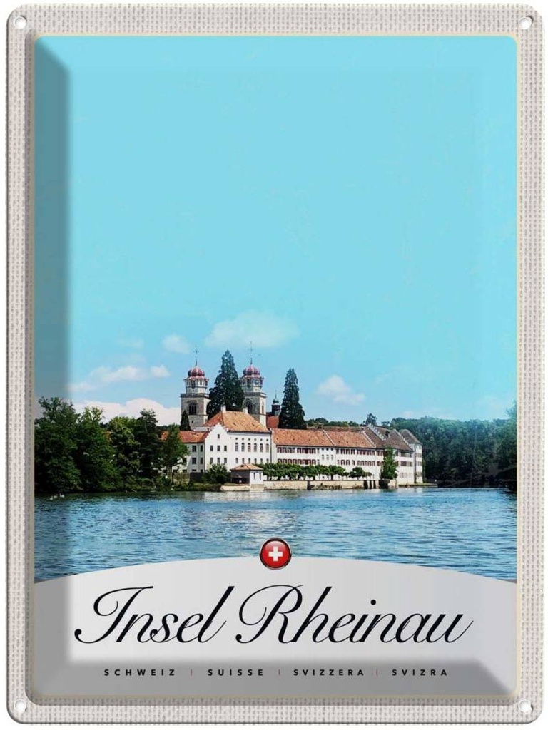 Blechschild 40x30 cm Insel Rheinau Europa Kirche Bildmotiv Reisemotiv Abenteuer Reisen Urlaub