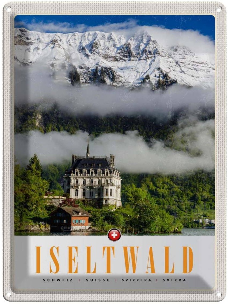 Blechschild 40x30 cm Iseltwald Gebirge Urlaub Schnee Wald Schloss Bildmotiv Reisemotiv Abenteuer Reisen Europa
