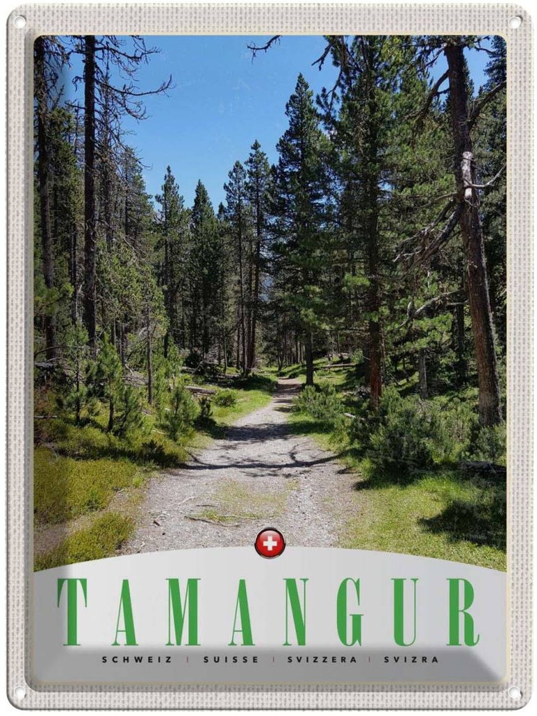 Blechschild 40x30 cm Tamangur Schweiz Urlaub Natur Wald Bäume Bildmotiv Reisemotiv Abenteuer Reisen Europa