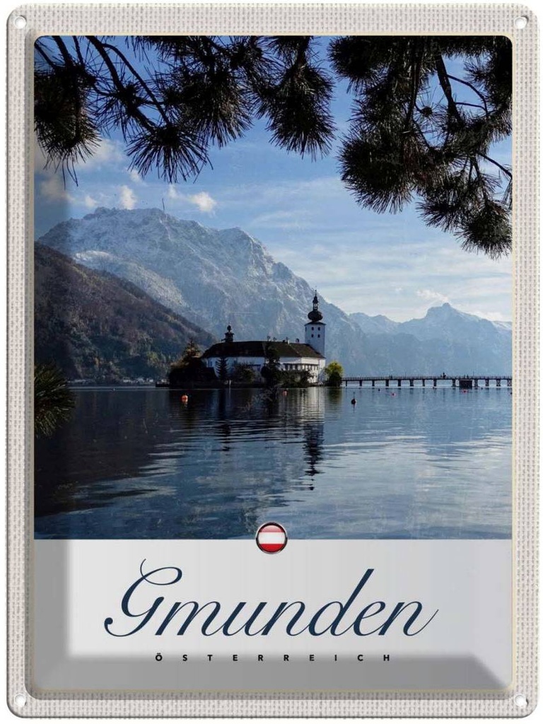 Blechschild 40x30 cm Gmunden Östereich Urlaub Kirche Gebirge Natur Bildmotiv Reisemotiv Abenteuer Reisen Europa
