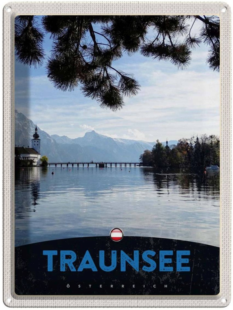 Blechschild 40x30 cm Traunsee Österreich Natur Gebirge Bildmotiv Reisemotiv Abenteuer Reisen Europa Urlaub