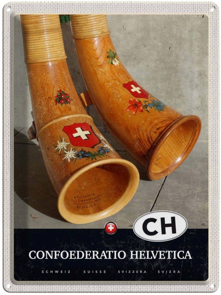 Blechschild 40x30 cm Confoederatio Helvetica Alphorn Bildmotiv Reisemotiv Abenteuer Reisen Europa Urlaub