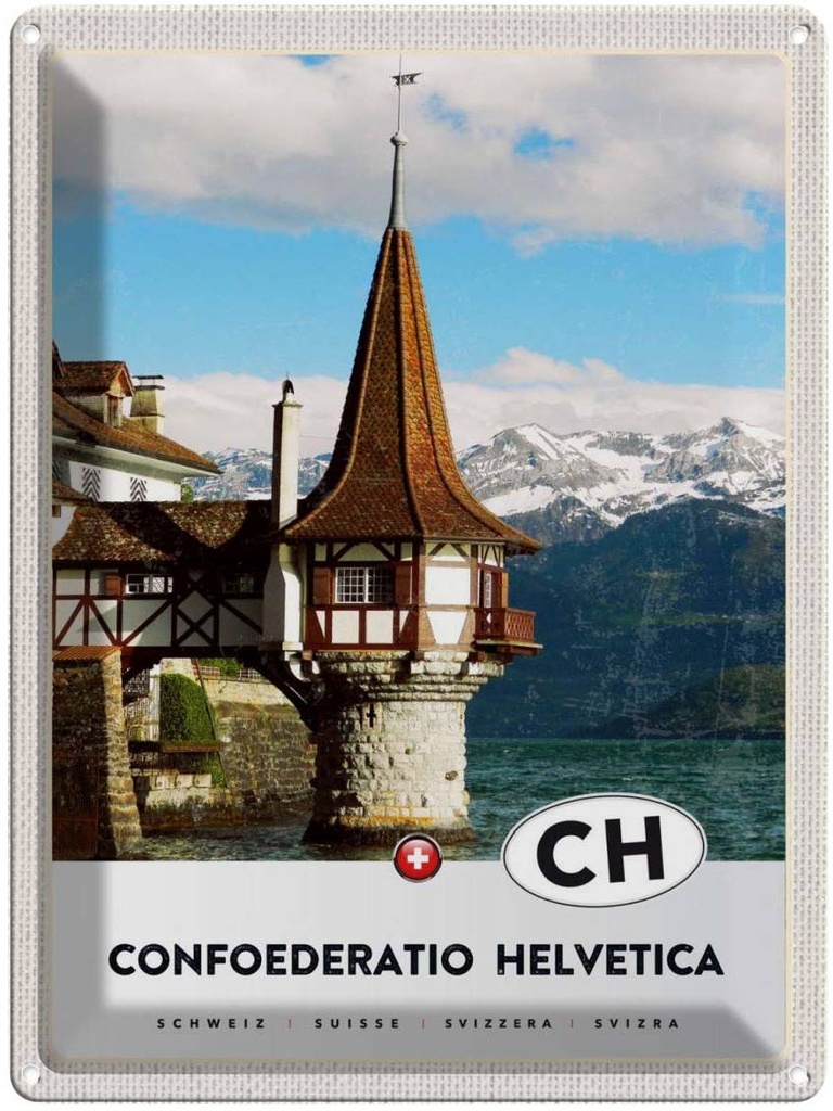 Blechschild 40x30 cm Confoederatio Helvetica Kirche Natur Bildmotiv Reisemotiv Abenteuer Reisen Europa Urlaub