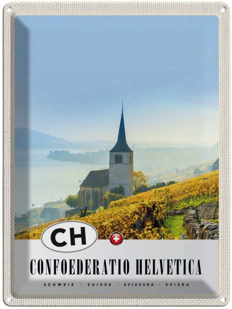 Blechschild 40x30 cm Confoederatio Helvetica Kirche Weide Bildmotiv Reisemotiv Abenteuer Reisen Europa Urlaub