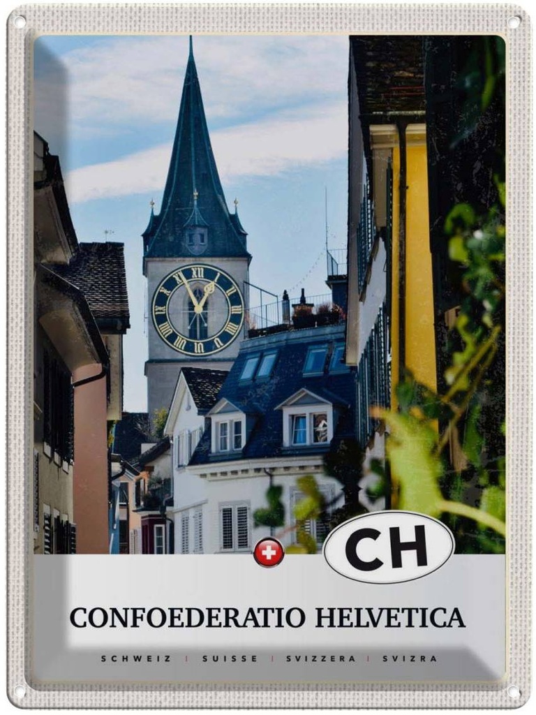 Blechschild 40x30 cm Confoederatio Helvetica Stadt Bildmotiv Reisemotiv Abenteuer Reisen Straße Urlaub