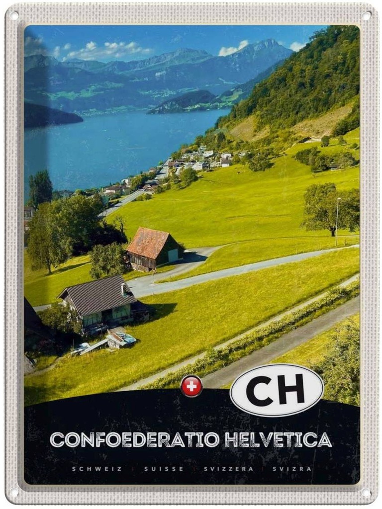 Blechschild 40x30 cm Confoederatio Helvetica Weide See Bildmotiv Reisemotiv Abenteuer Reisen Europa Urlaub