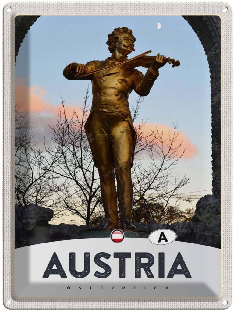 Blechschild 40x30 cm Österreich Skulptur Urlaub Mann Geige gold Bildmotiv Reisemotiv Abenteuer Reisen Europa