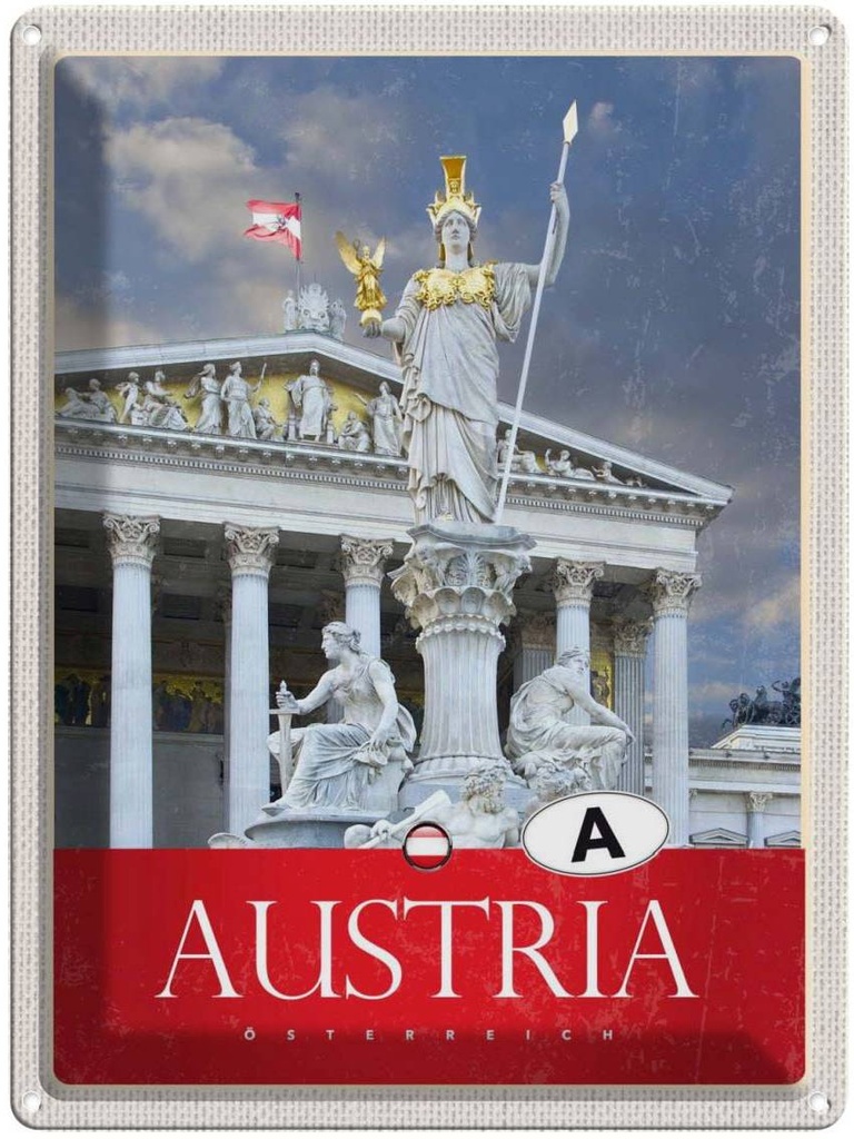 Blechschild 40x30 cm Österreich Skulptur weiß gold Bildmotiv Reisemotiv Abenteuer Reisen Europa Urlaub