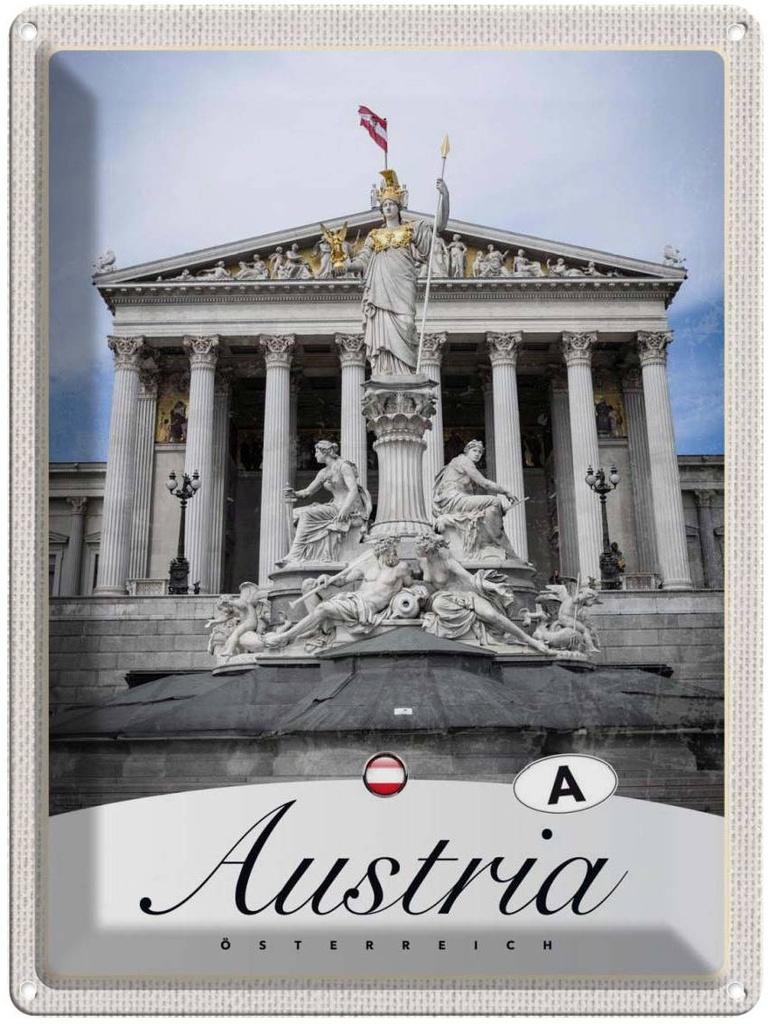 Blechschild 40x30 cm Österreich Skulptur Urlaub weiß gold Römer Bildmotiv Reisemotiv Abenteuer Reisen Europa