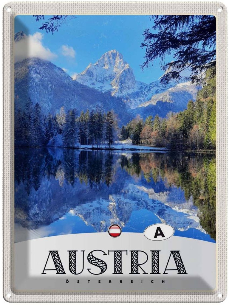 Blechschild 40x30 cm Österreich See Schnee Winterzeit Bildmotiv Reisemotiv Abenteuer Reisen Europa Urlaub