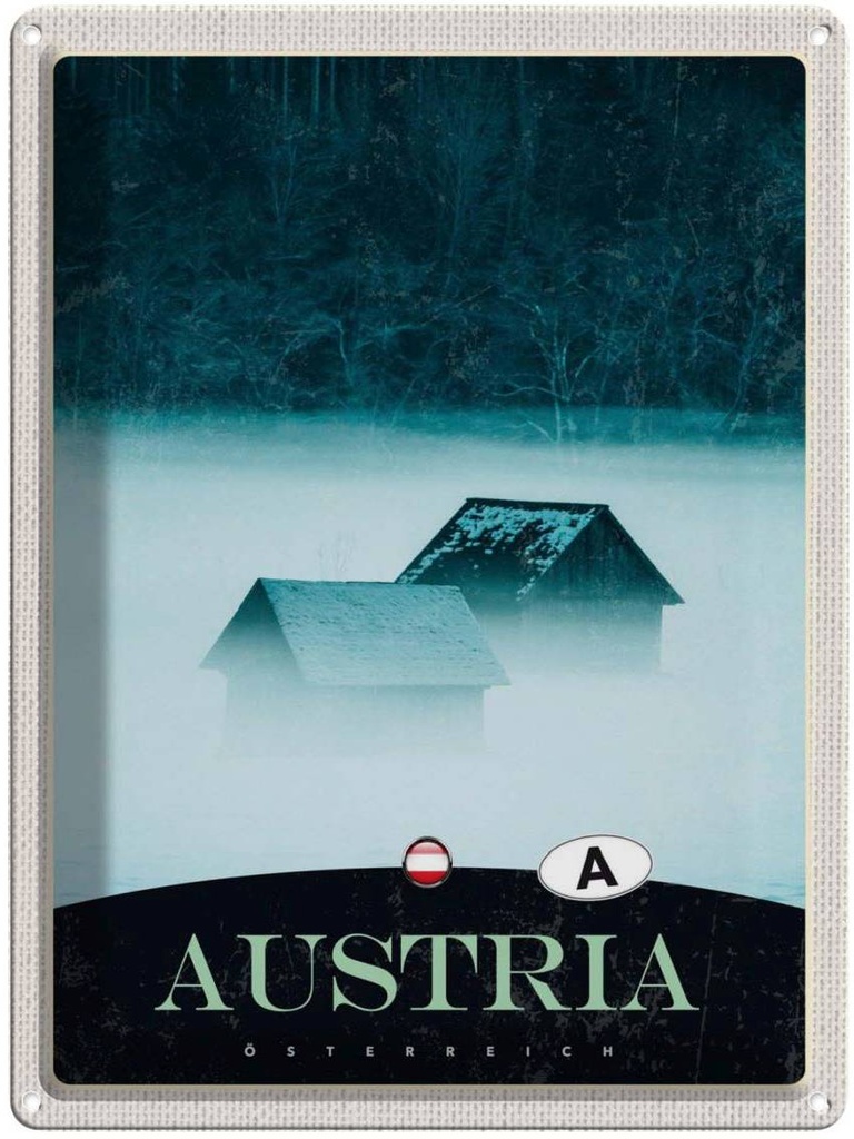 Blechschild 40x30 cm Österreich Wald Urlaub Häuser Natur Gebirge Bildmotiv Reisemotiv Abenteuer Reisen Europa
