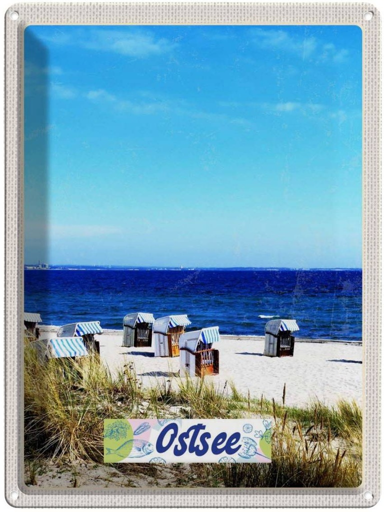 Blechschild 40x30 cm Ostsee Strand Europa Urlaub Ebbe und Flut Strandkorb Bildmotiv Reisemotiv Abenteuer Reisen