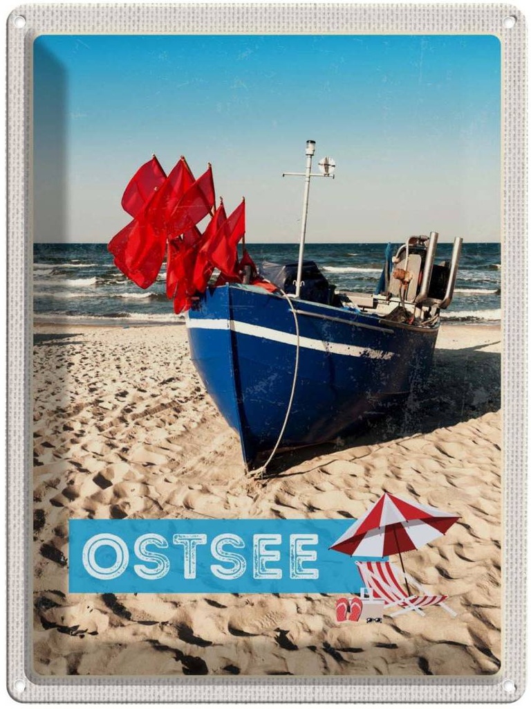 Blechschild 40x30 cm Ostsee Strand Boot Meer Sand Bildmotiv Reisemotiv Abenteuer Reisen Urlaub