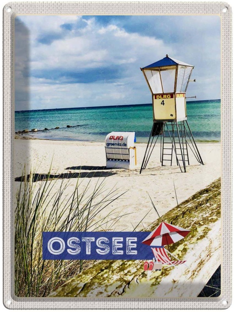 Blechschild 40x30 cm Ostsee Strand Rettungsschwimmer Bildmotiv Reisemotiv Abenteuer Reisen Europa Urlaub