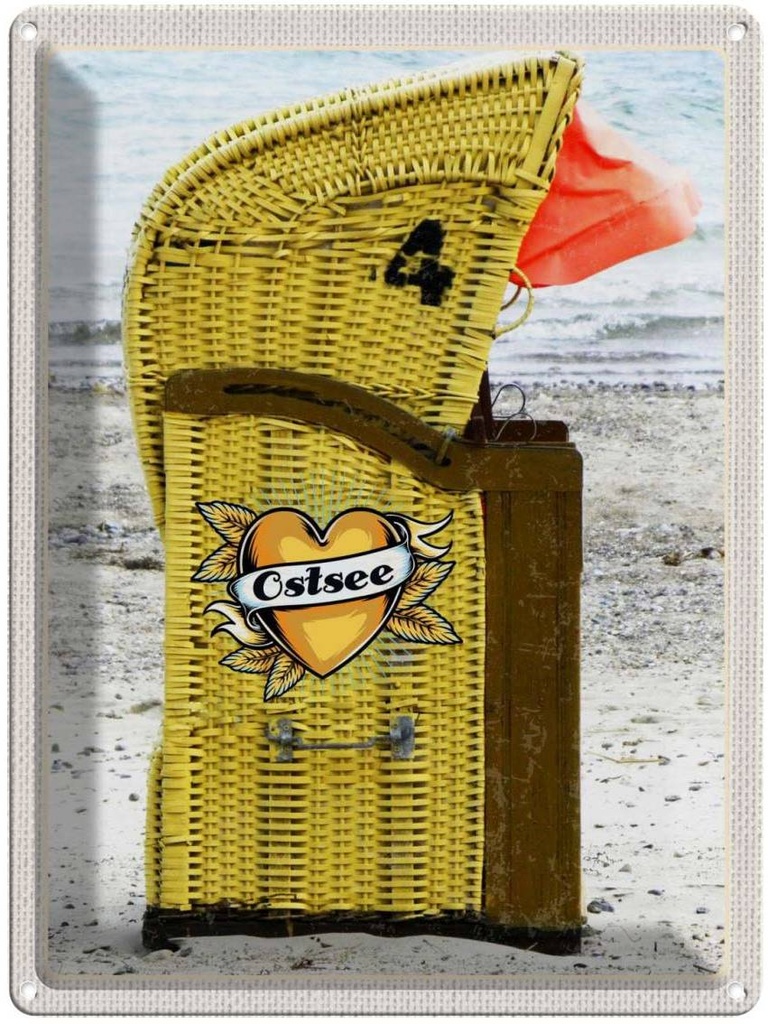 Blechschild 40x30 cm Ostsee Strandkorb Urlaub gelb Meer Strand Bildmotiv Reisemotiv Abenteuer Reisen Europa