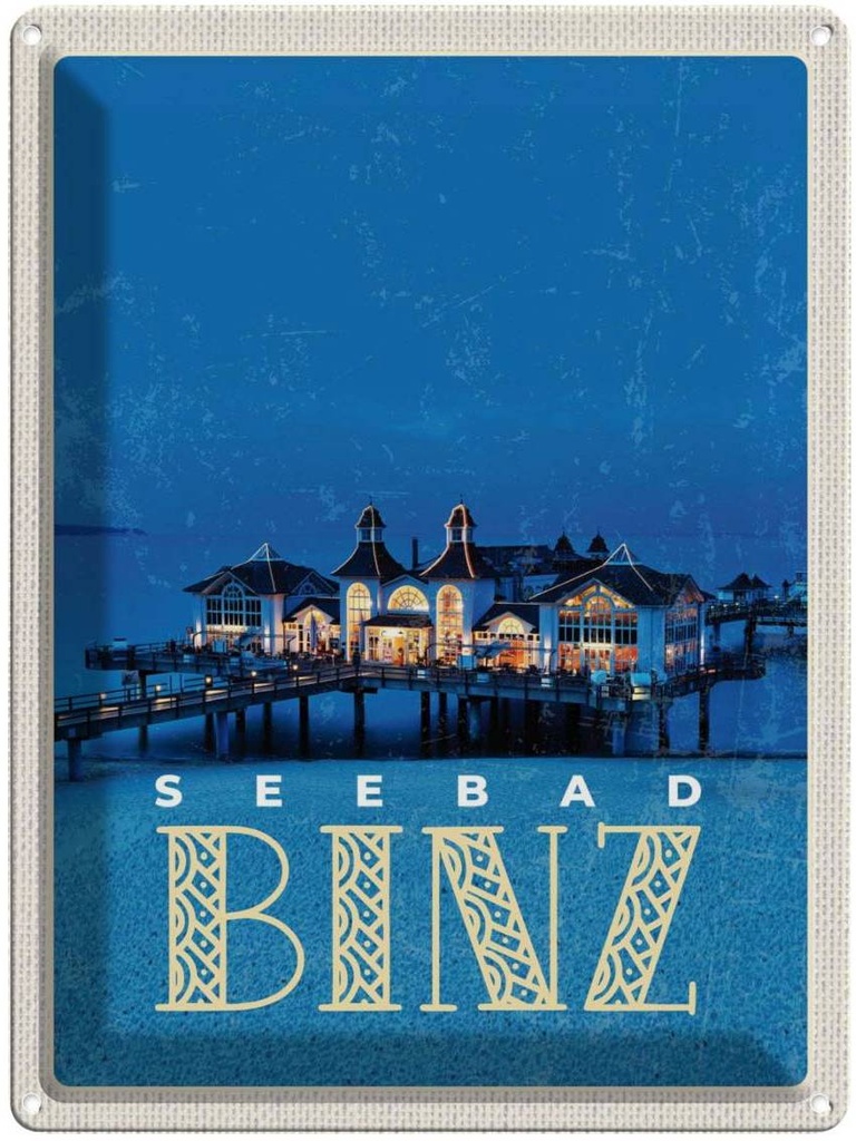 Blechschild 40x30 cm Binz Seebad Haus Meer Abend Bildmotiv Reisemotiv Abenteuer Reisen Urlaub