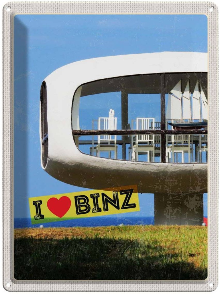 Blechschild 40x30 cm Binz Deutschland Gebäude Stühle Tisch Bildmotiv Reisemotiv Abenteuer Reisen Urlaub