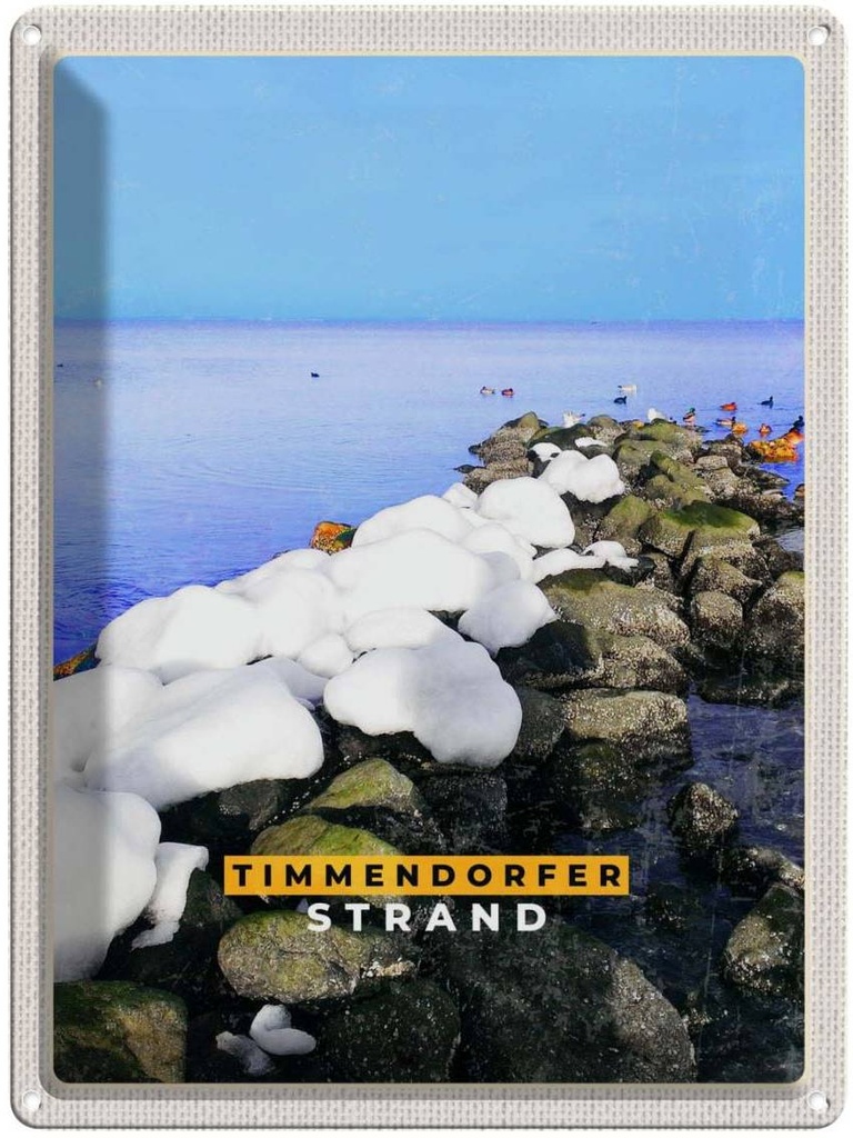 Blechschild 40x30 cm Timmendorfer Strand Urlaub Steine Schnee Meer Bildmotiv Reisemotiv Abenteuer Reisen Europa
