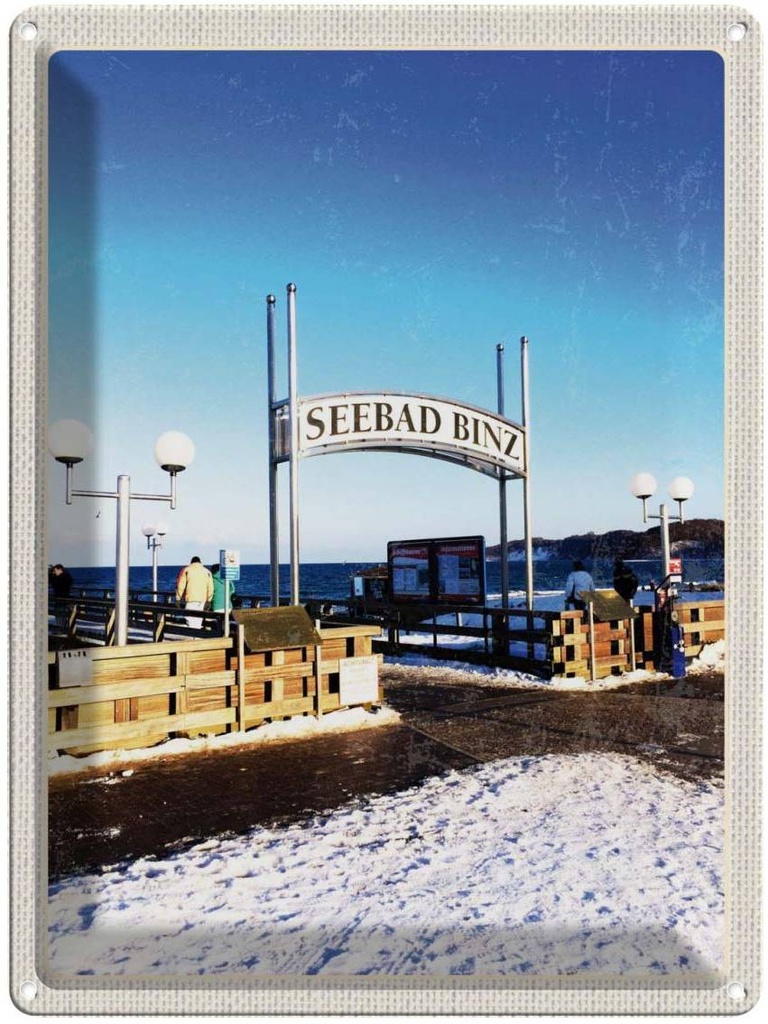 Blechschild 40x30 cm Seebad Binz Urlaub Schnee Winterzeit Meer Bildmotiv Reisemotiv Abenteuer Reisen Europa