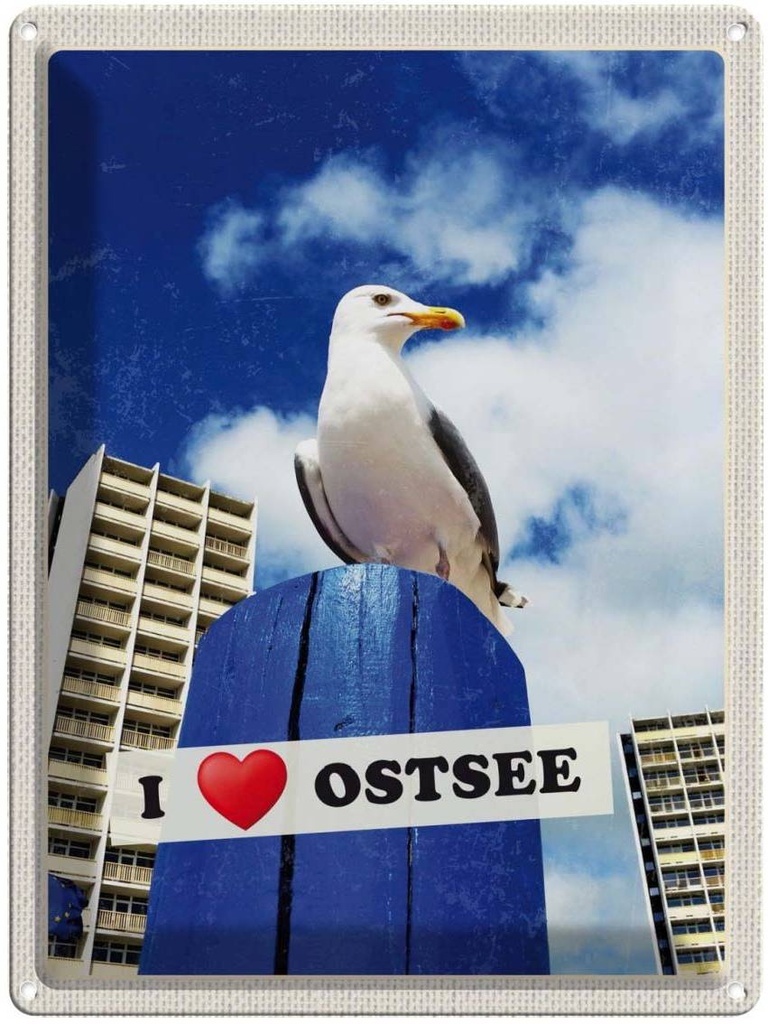 Blechschild 40x30 cm Ostsee Möwen Hochhaus Strand Bildmotiv Reisemotiv Abenteuer Reisen Urlaub