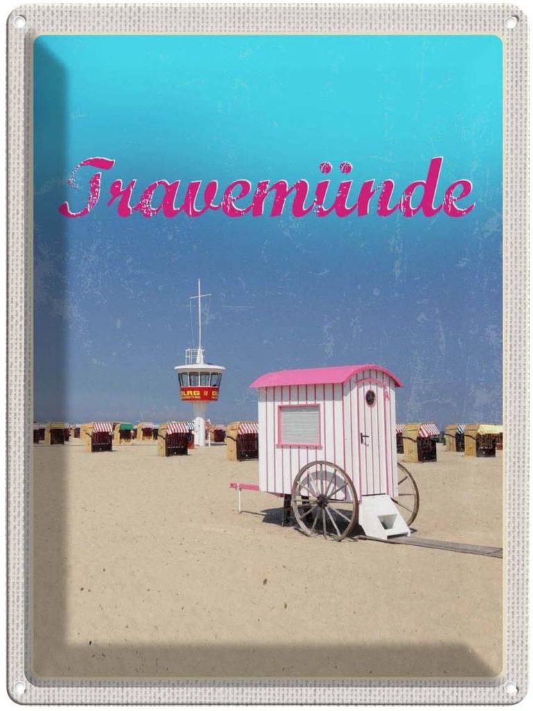 Blechschild 40x30 cm Travenmünde Strand Strankörbe DLRG Bildmotiv Reisemotiv Abenteuer Reisen Dekoration Urlaub