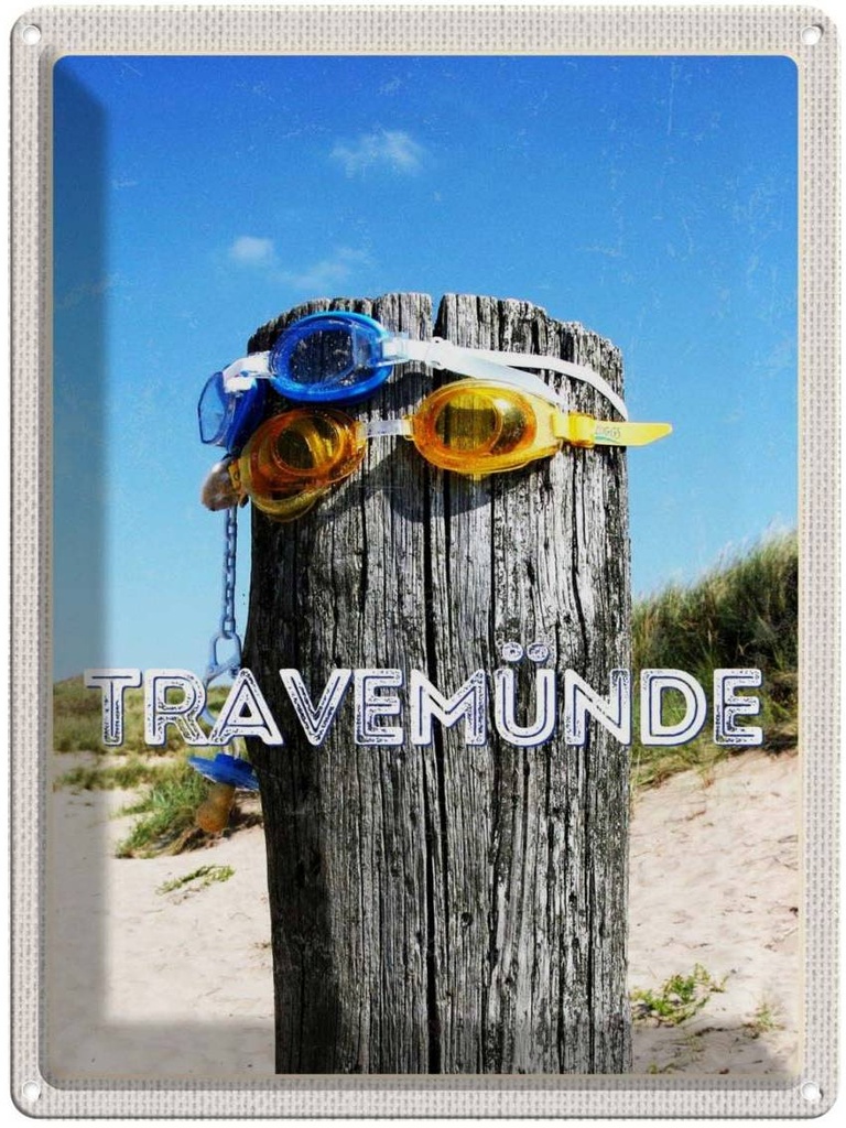 Blechschild 40x30 cm Travenmüde Schwimmbrille Schnuller Bildmotiv Reisemotiv Abenteuer Reisen Dekoration Urlaub