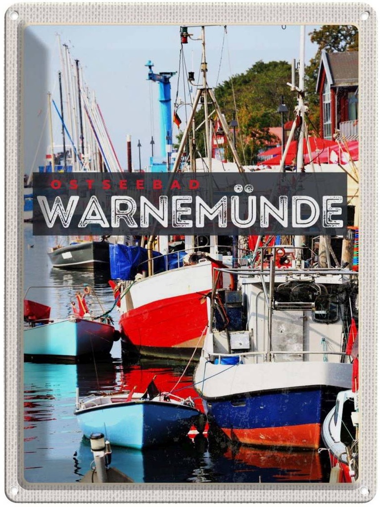 Blechschild 40x30 cm Warnemünde Ostseebad Urlaub Schiffe Boot Meer Bildmotiv Reisemotiv Abenteuer Reisen Europa