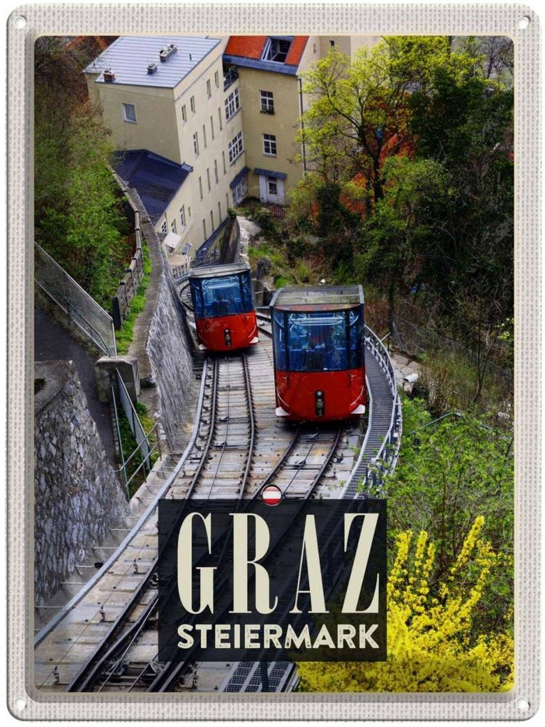 Blechschild 40x30 cm Graz Steiermark Urlaub Gondel Natur Bildmotiv Reisemotiv Abenteuer Reisen Straße Stadt