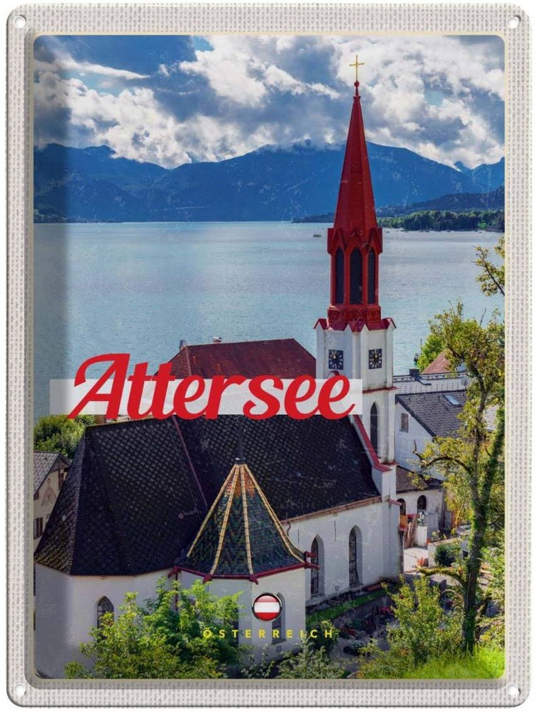 Blechschild 40x30 cm Attersee Österreich Kirche Berge See Bildmotiv Reisemotiv Abenteuer Reisen Urlaub